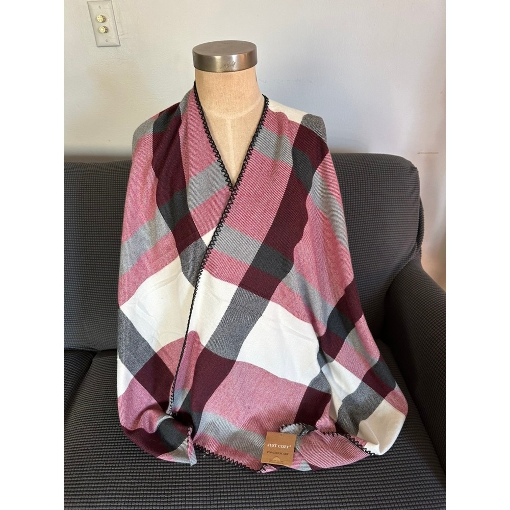Just Cozy Plaid Poncho Scarf Wrap Burgundy Pink Gray White Black Trim